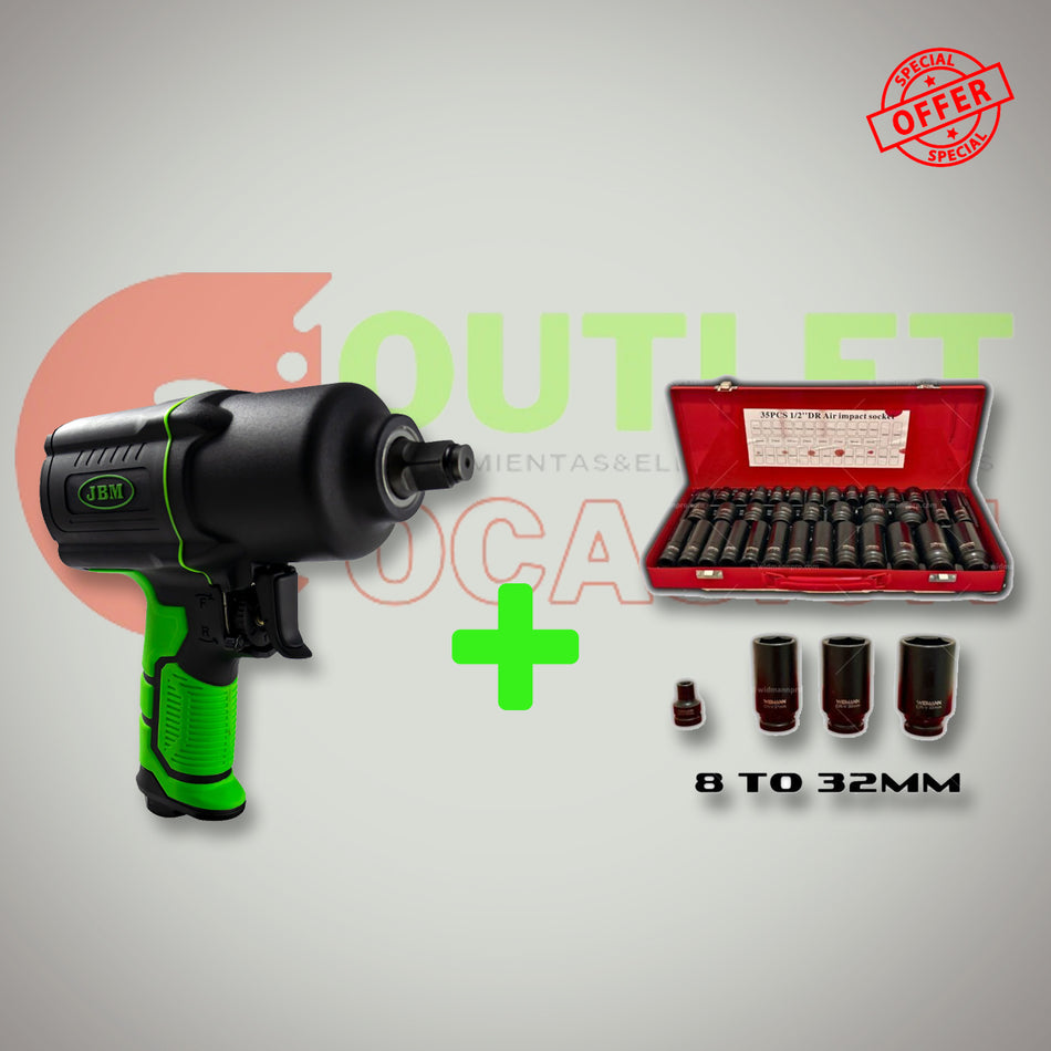 PISTOLA DE IMPACTO 1/2" 1650NM+JUEGO DE IMPACTO 35pzs