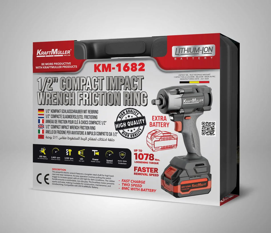 20 V, 4 Ah y 810 Nm  En stock Llave de impacto inalámbrica Kraft Muller de 20 V, 4 Ah y 810 Nm