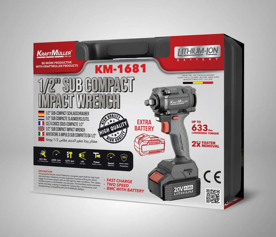 20 V, 4,0 Ah y 423 Nm  En stock Llave de impacto inalámbrica Kraft Muller de 20 V, 4,0 Ah y 423 Nm