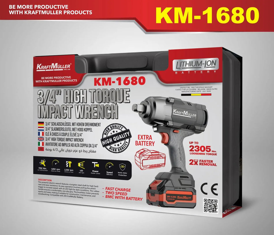 V 4,0 Ah 1762 Nm  En stock Llave de impacto inalámbrica Kraft Muller 3/4″ 20 V 4,0 Ah 1762 Nm