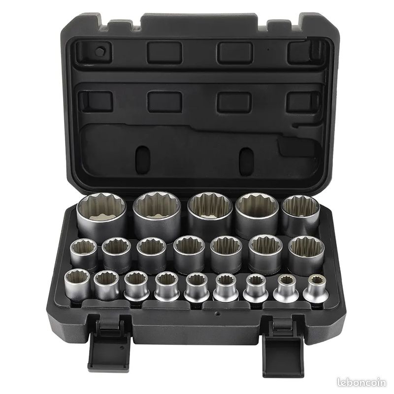 Juego de llaves de vaso multidientes Kraftmuller de 21 piezas, 8-36 mm, Torx hembra de 1/2", perfil de 12 y 6 puntas, CR- Juego de llaves de vaso multidientes