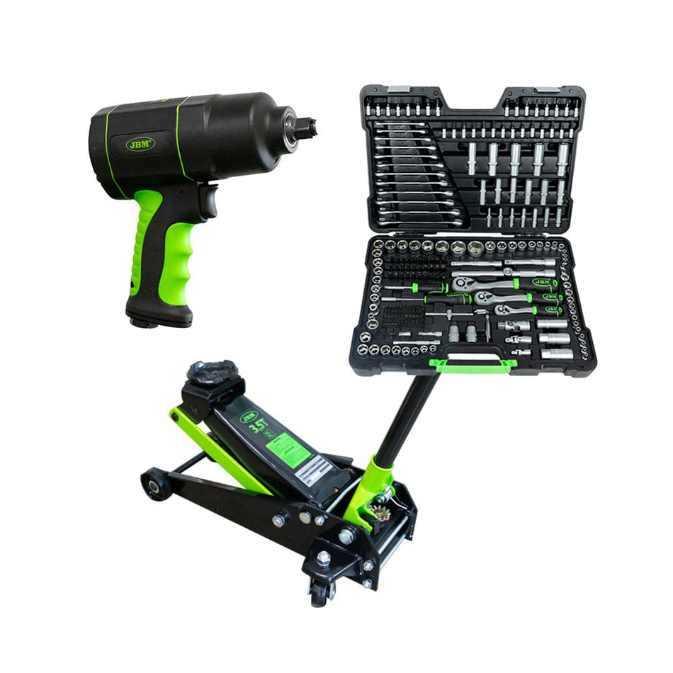 PISTOLA DE IMPACTO 1/2" 1200NM + 50818 GATO HIDRÁULICO 3,5T + 54034 ESTUCHE 216 PIEZAS